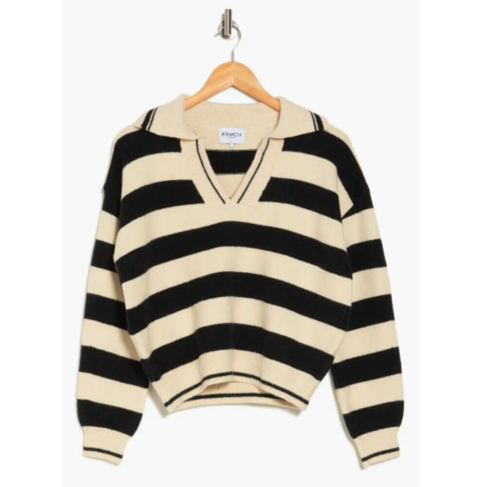 FRNCH Mika Stripe Crop V-Neck Sweater Black & Cream Size L